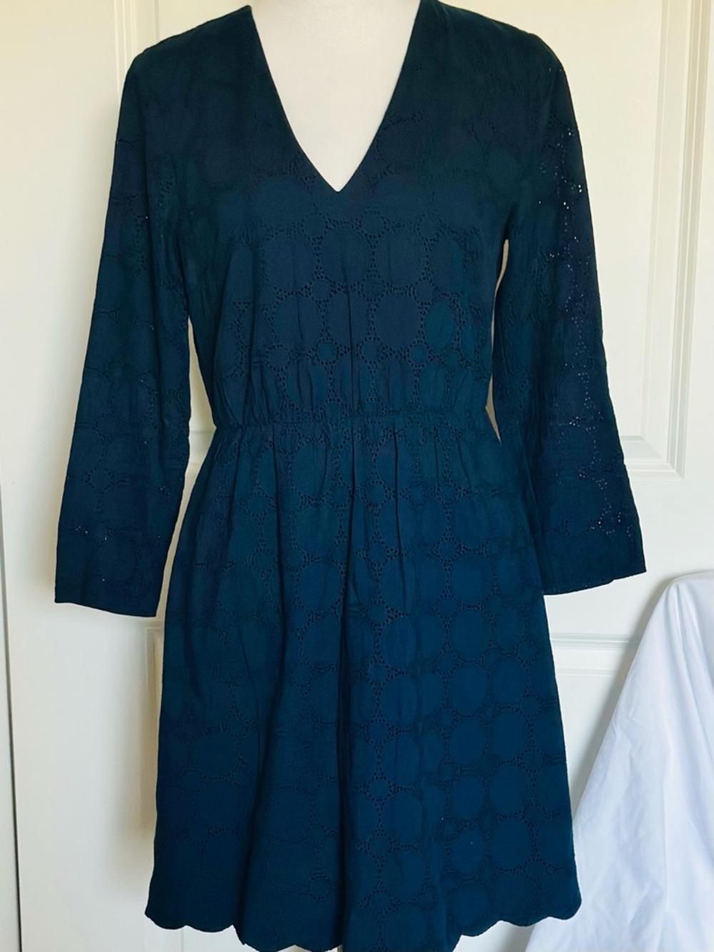 J CREW Eyelet Dress Woman Size 4 Blue V-Neck Scalloped Hem Sleeve Preppy A-Line
